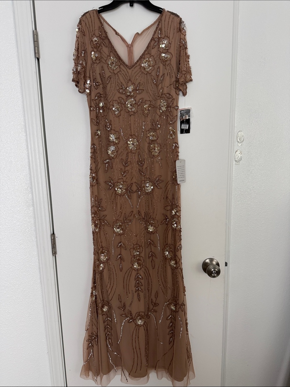 Pisarro Nights Beaded V-Neck Maxi Dress in Nude